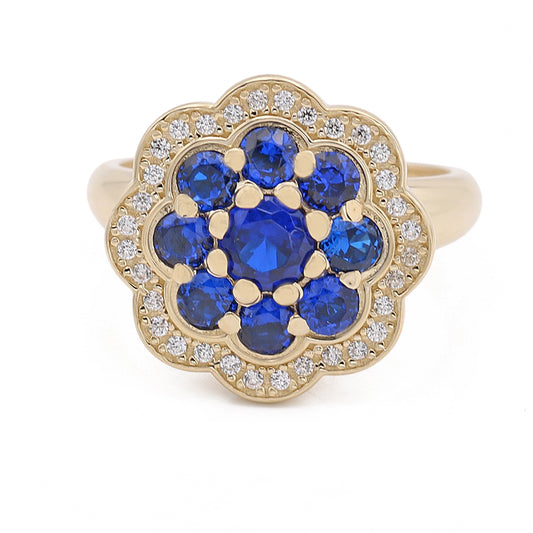 14K Yellow Gold Fashion Flower Shape Ring with Blue Color Stones