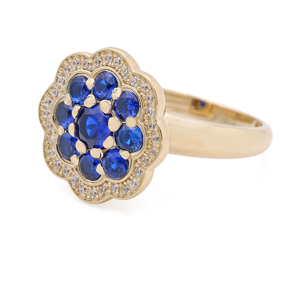 14K Yellow Gold Fashion Flower Shape Ring with Blue Color Stones