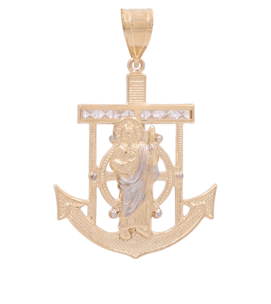 10K Yellow and White Gold Anchor  Religious Pendant with Zirconias