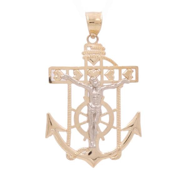 10K Yellow and White Gold Anchor Religious Pendant with Hearts