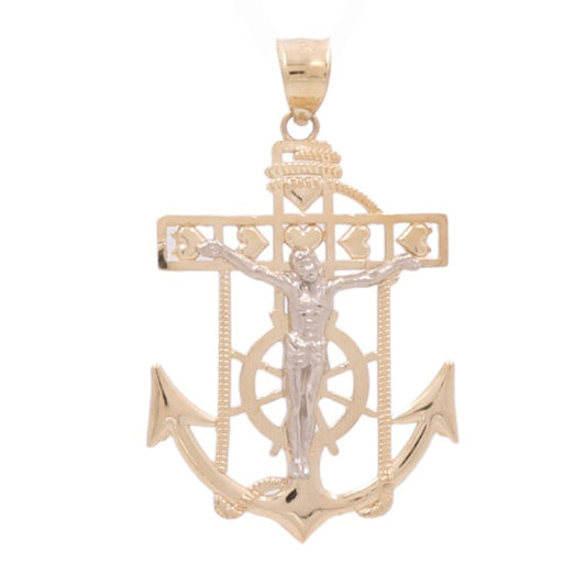 10K Yellow and White Gold Anchor Religious Pendant with Hearts