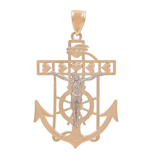 10K Yellow Gold Anchor Religious Pendant with Hearts