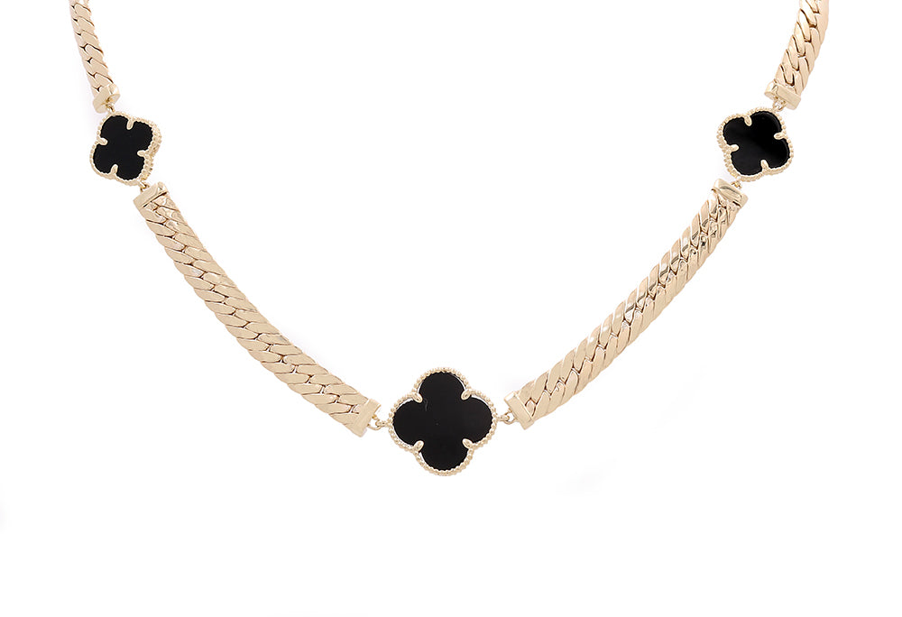 10K Yellow Gold Onyx Flowers Pendant Necklace