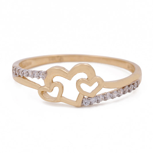 14K Yellow Gold Hearts Ring with Cubic Zirconias