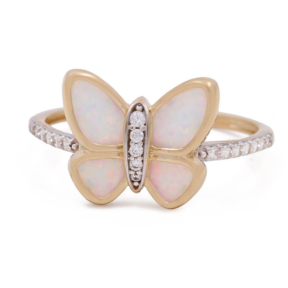 14K Yellow Gold Butterfly Mother of Pearl Ring with Cubic Zirconias