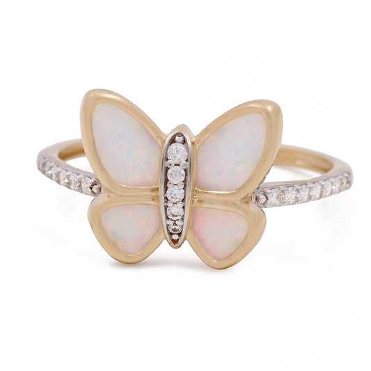14K Yellow Gold Butterfly Mother of Pearl Ring with Cubic Zirconias