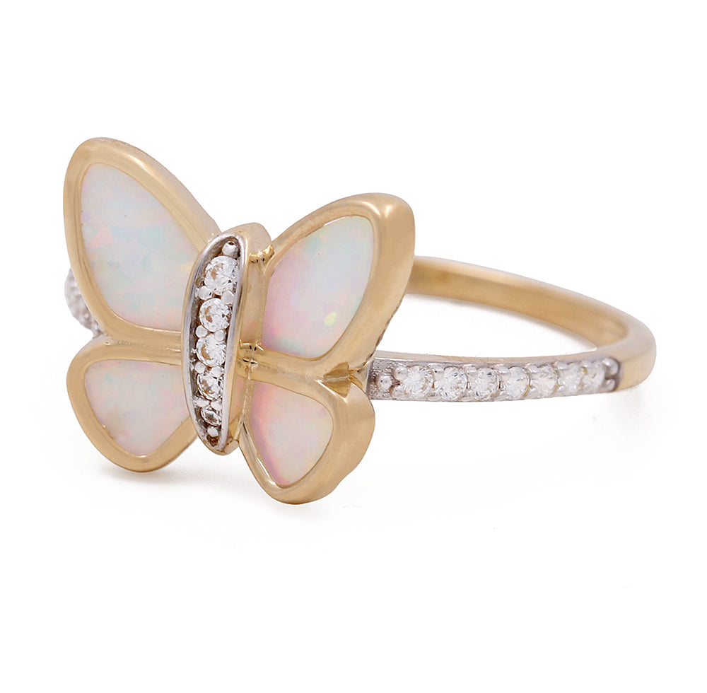 14K Yellow Gold Butterfly Mother of Pearl Ring with Cubic Zirconias