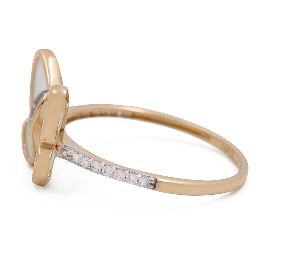 14K Yellow Gold Butterfly Mother of Pearl Ring with Cubic Zirconias