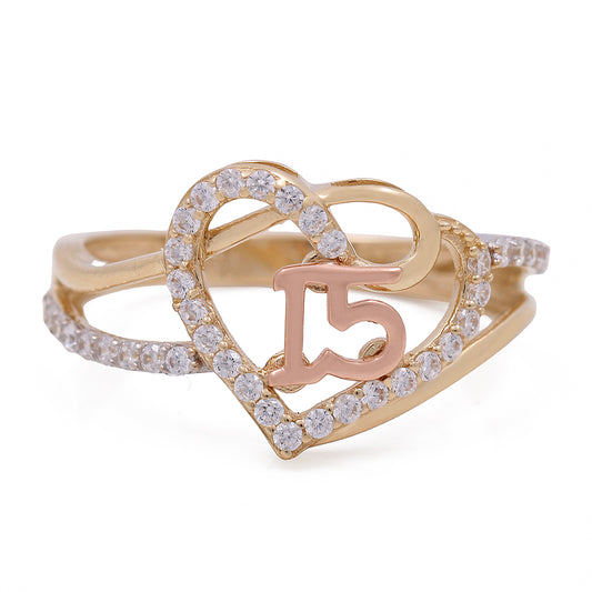 14K Yellow and Rose Gold Sweet 15 Heart Ring with Cubic Zirconias