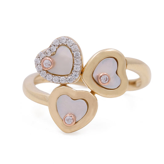 14K Yellow and Rose Heart Ring with Mother of Pearl and Cubic Zirconias