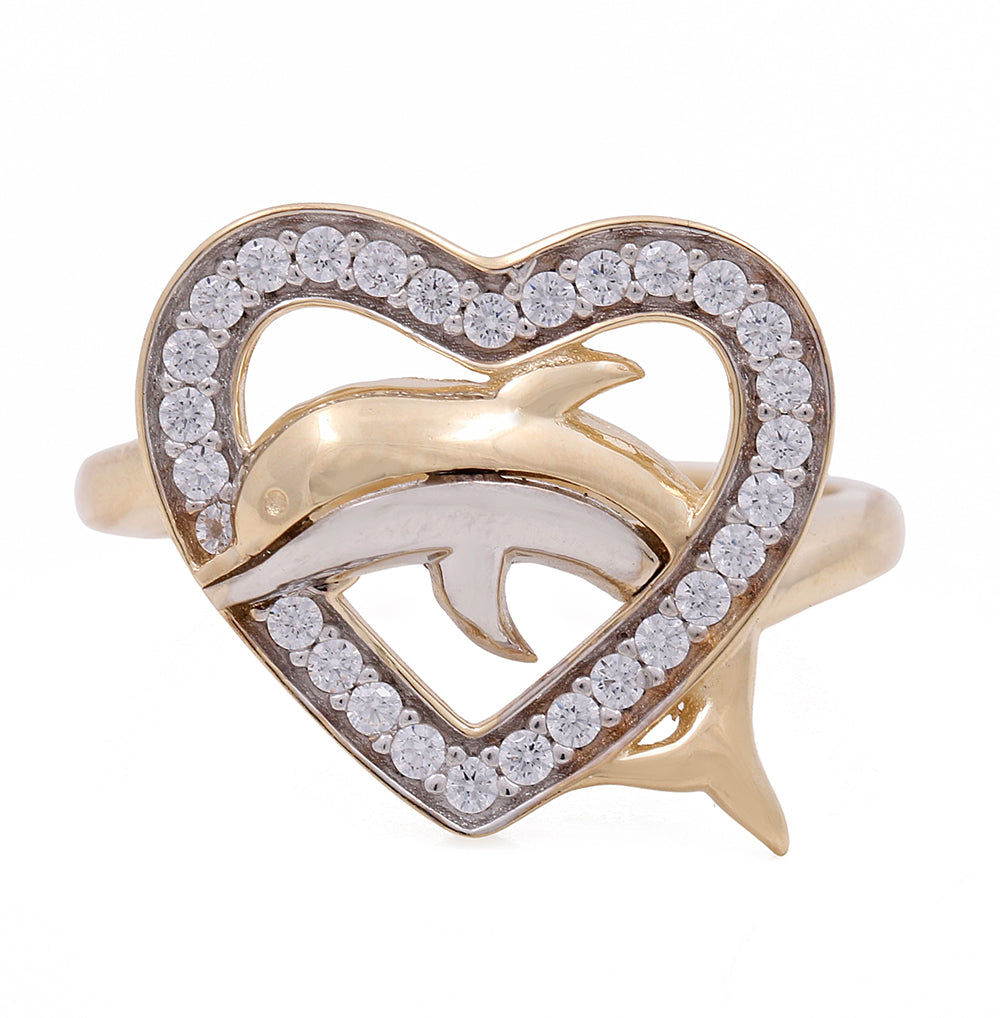 14K Yellow and White Gold Dolphin in a Heart Ring with Cubic Zirconias