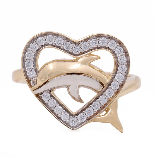 14K Yellow and White Gold Dolphin in a Heart Ring with Cubic Zirconias