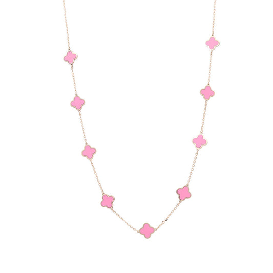 14K Yellow Gold Fashion Flower Pendant with Pink Stones Necklace