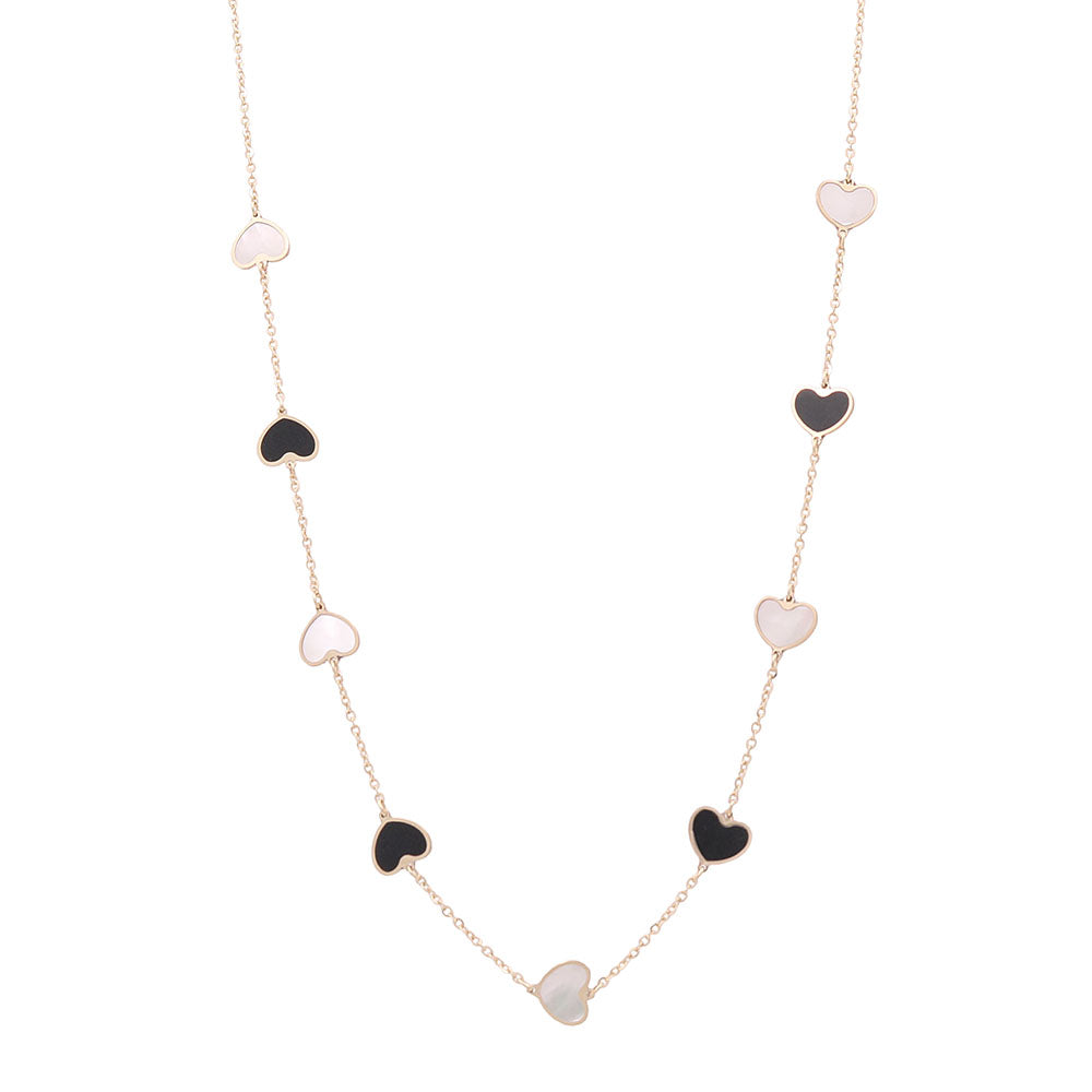 14K Yellow Gold Fashion Heart Pendant with Black Onyx and Mother of Pearl Necklace