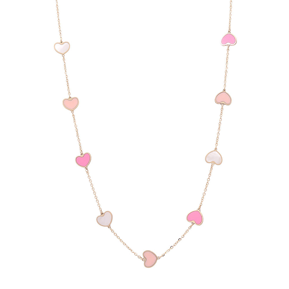 14K Yellow Gold Fashion Hearts Pendant with Pink Stones Necklace