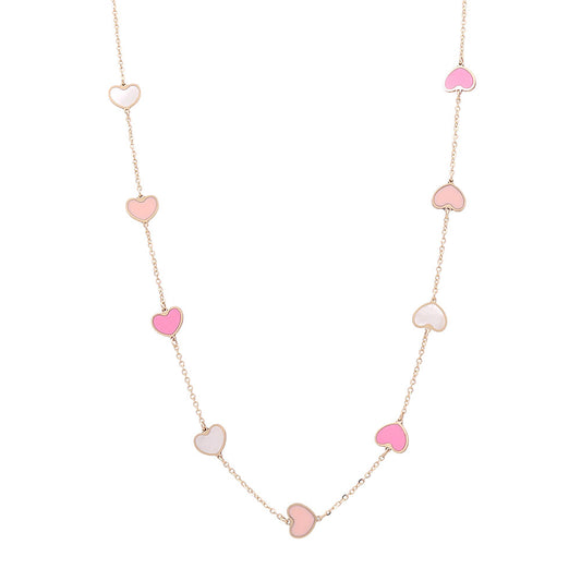 14K Yellow Gold Fashion Hearts Pendant with Pink Stones Necklace