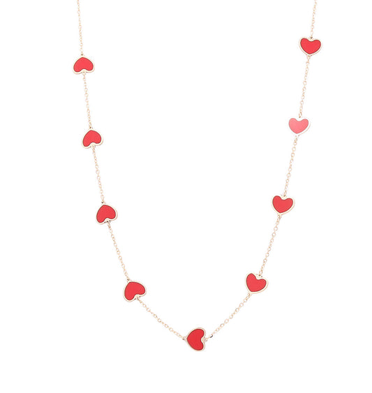 14K Yellow Gold Fashion Hearts Pendant with Red Stones Necklace