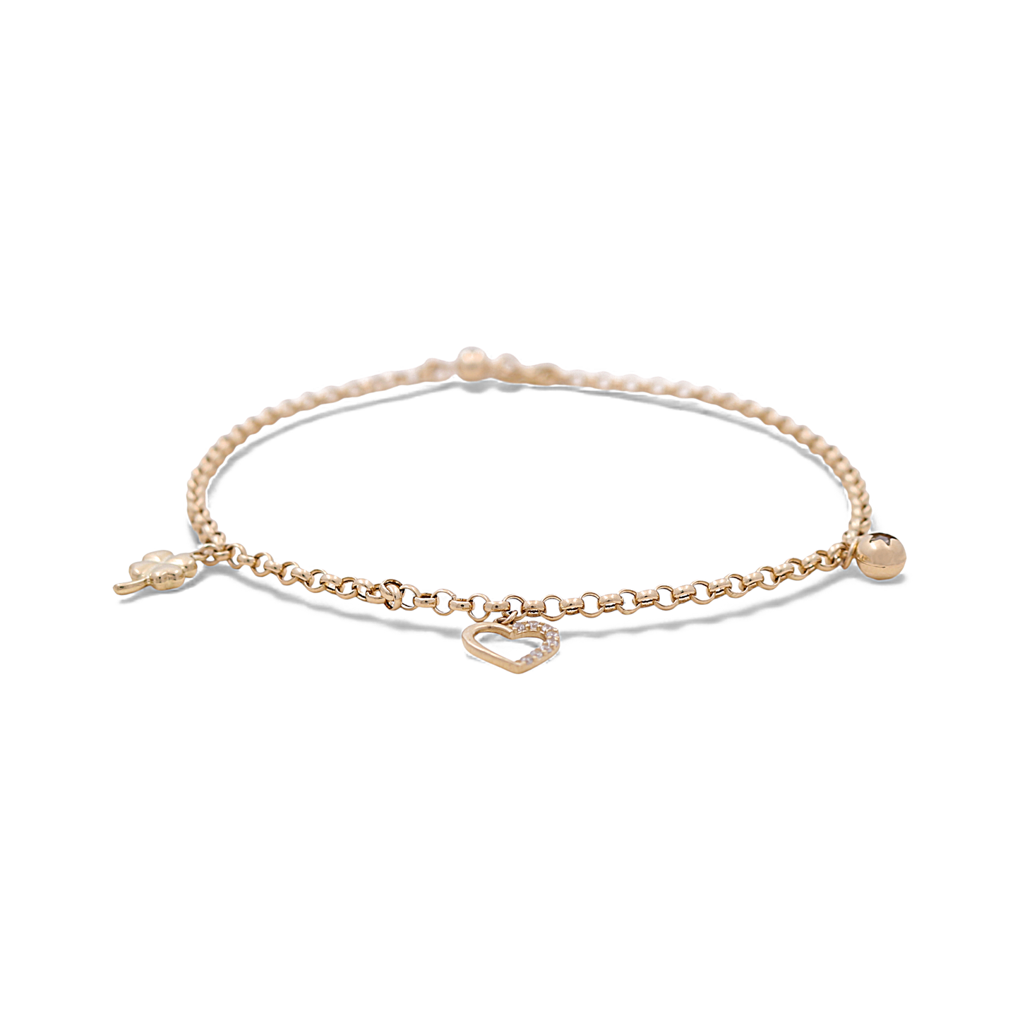 14k Yellow Gold Rolo Link Women's Anklet Bracelet with Charms and Cz / Size: 11" / Weight: 4.3 GR / CCFAB4FS