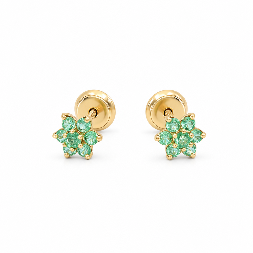 14k Yellow Gold Flower Stud Earrings with Emerald  / 6-277701PNE