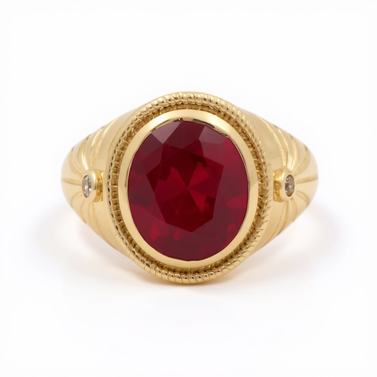14K Yellow Gold RD Fashion Men's Ring with Red Cz / Size: 11 / Weight: 7.1 GR / BOMR4FS-44