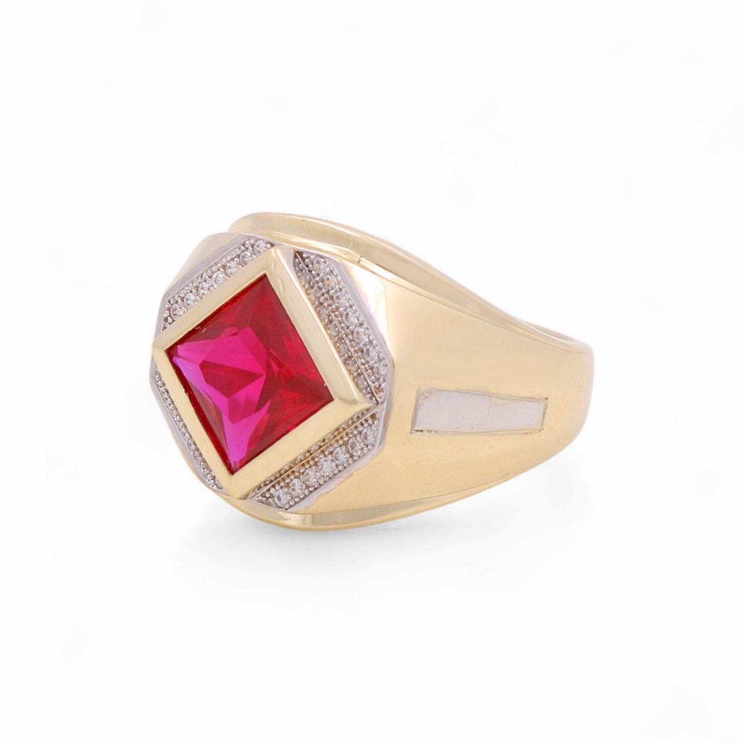 14K Yellow and White Gold Rhombus Men's Ring with Red Cz / Size: 10 / Weight: 10 GR / KEEMRTT4FS-5