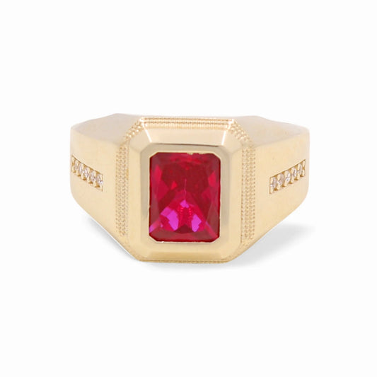 14K Yellow Gold SQ Fashion Men's Ring With Red Cz / Size: 10.5 / Weight: 5.6gr / CPMR4FS-1