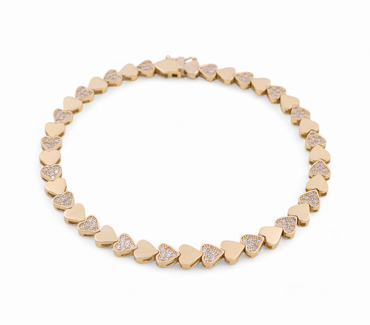 14K Yellow Gold Women's Fancy Heart Bracelet with CZ / Size: 7.5" / Weight: 8.8 GR / P09B-147