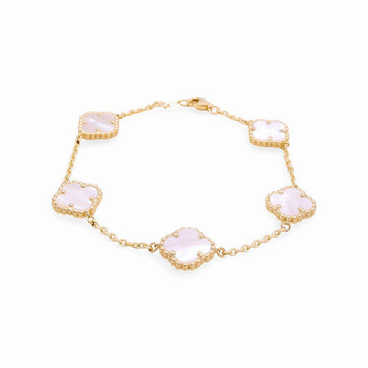 14K Yellow Gold Women's Bracelet with 5 Mother of Pearl Clover / Size: 7" / Weight: 8.8 GR / BOWB4CLV-6