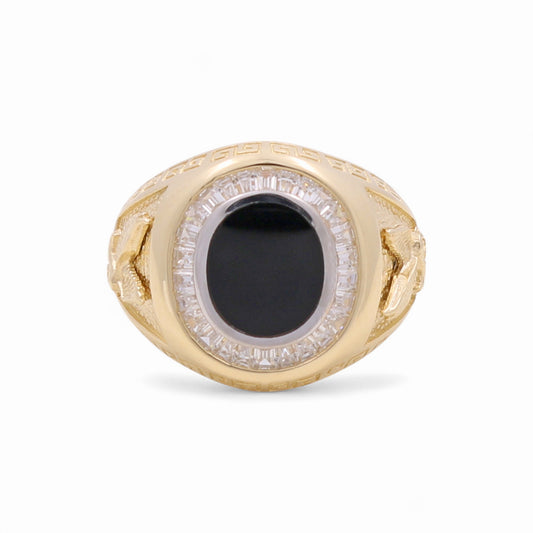 14K Yellow Gold Fashion Eagle Men's Ring with Onix and Cz / Size: 10 / Weight 8.8 GR / KEEMR4EG
