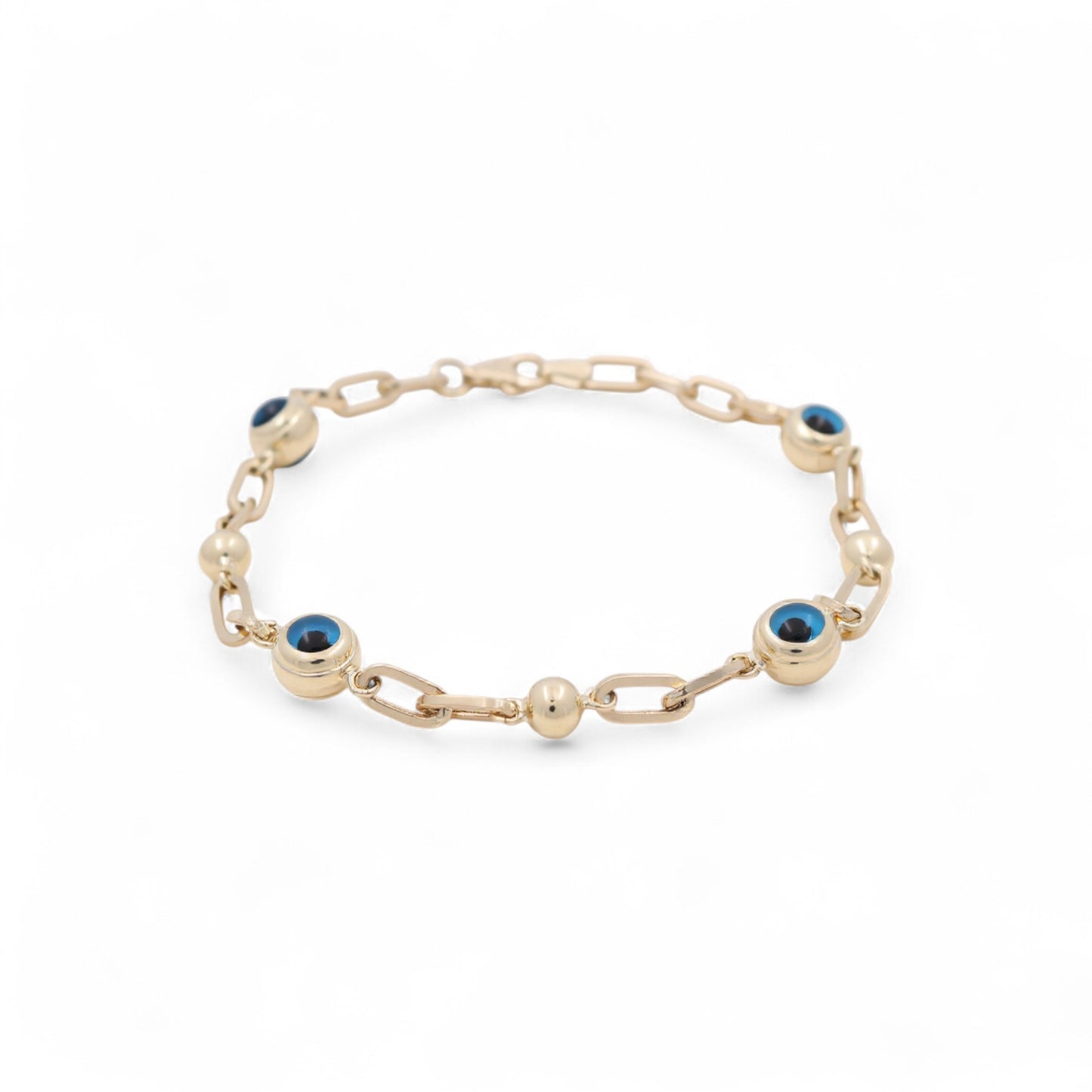 14K Yellow Gold Women's Evil Blue Eyes Mariner Bracelet / Size: 7.5" / Weight: 4.5 GR / BOWB4EY-7