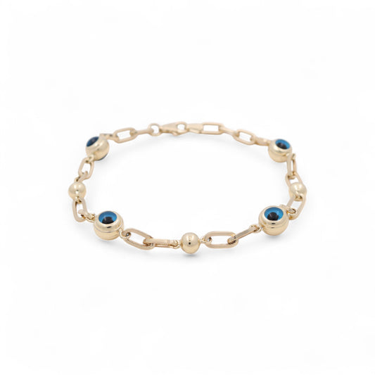 14K Yellow Gold Women's Evil Blue Eyes Mariner Bracelet / Size: 7.5" / Weight: 4.5 GR / BOWB4EY-7
