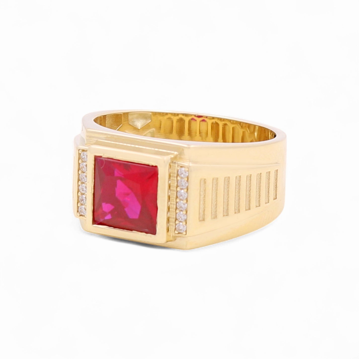14K Yellow Gold Fashion Square Men's Ring with Red and White Cz / Size 11 / Weight: 8.7 GR / BOMR4FS-42