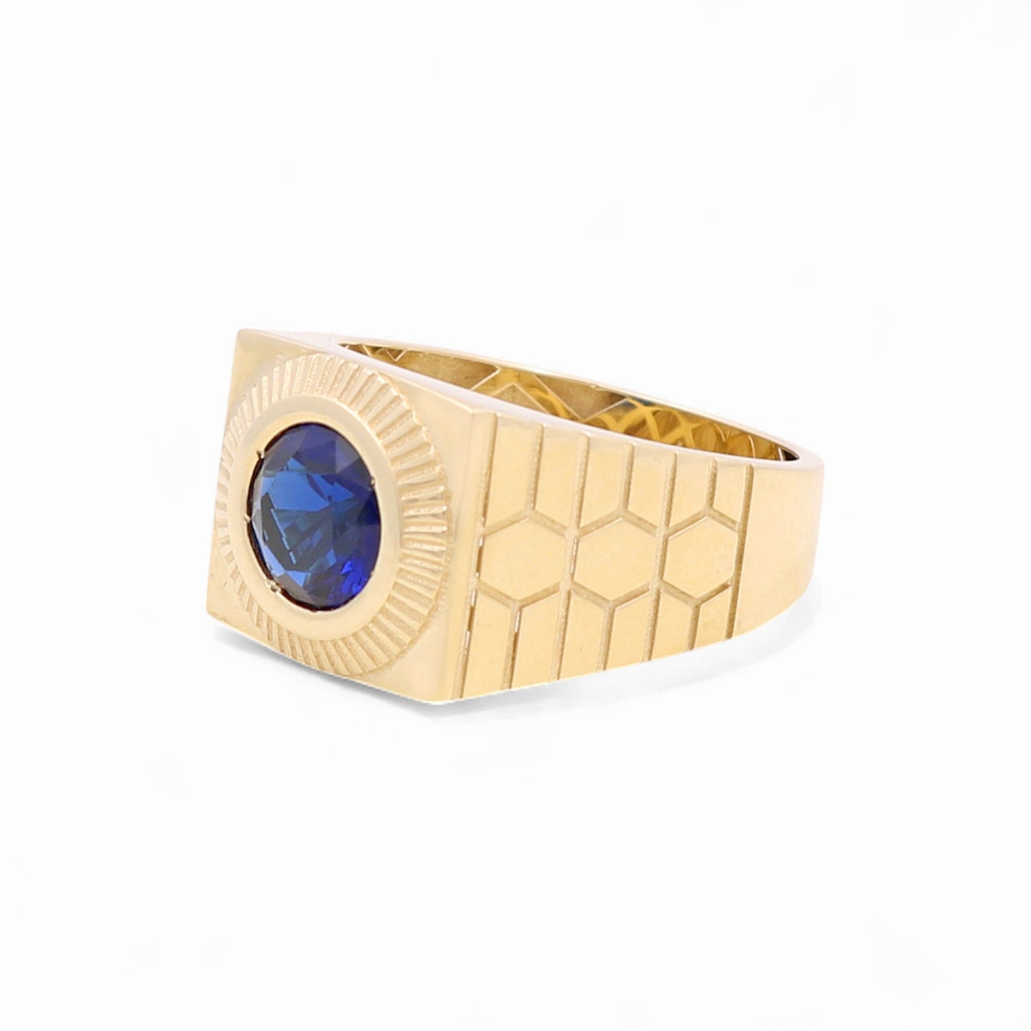 14K Yellow Gold Fashion Round Men's Ring with Blue Cz / Size 11 / Weight: 6.4 GR / BOMR4FS-39