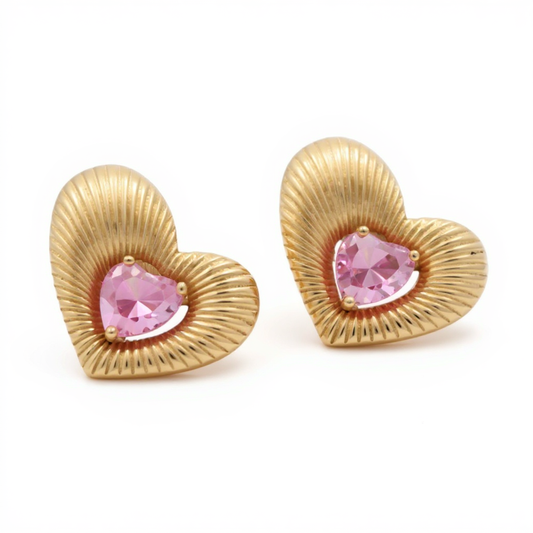 10K Yellow Gold Heart Women's Stud earrings with Pink Cz / Weight: 2.7 GR /CQES0HR