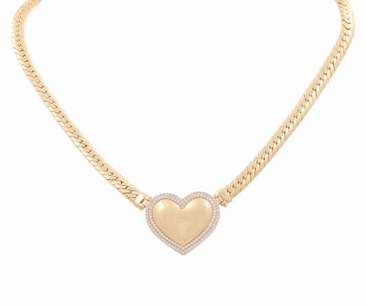 14K Yellow Gold Fashion Cuban Link Women's Necklace with Heart and Cz / Size: 17" / Weight: 19.9 GR / DPNK4CLHR