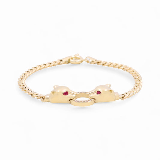 10K Yellow Gold Cuban Link Women's Bracelet with Panthers and Cz / Size: 7.0" / Weight: 6.3 GR / DOWB0CLPT