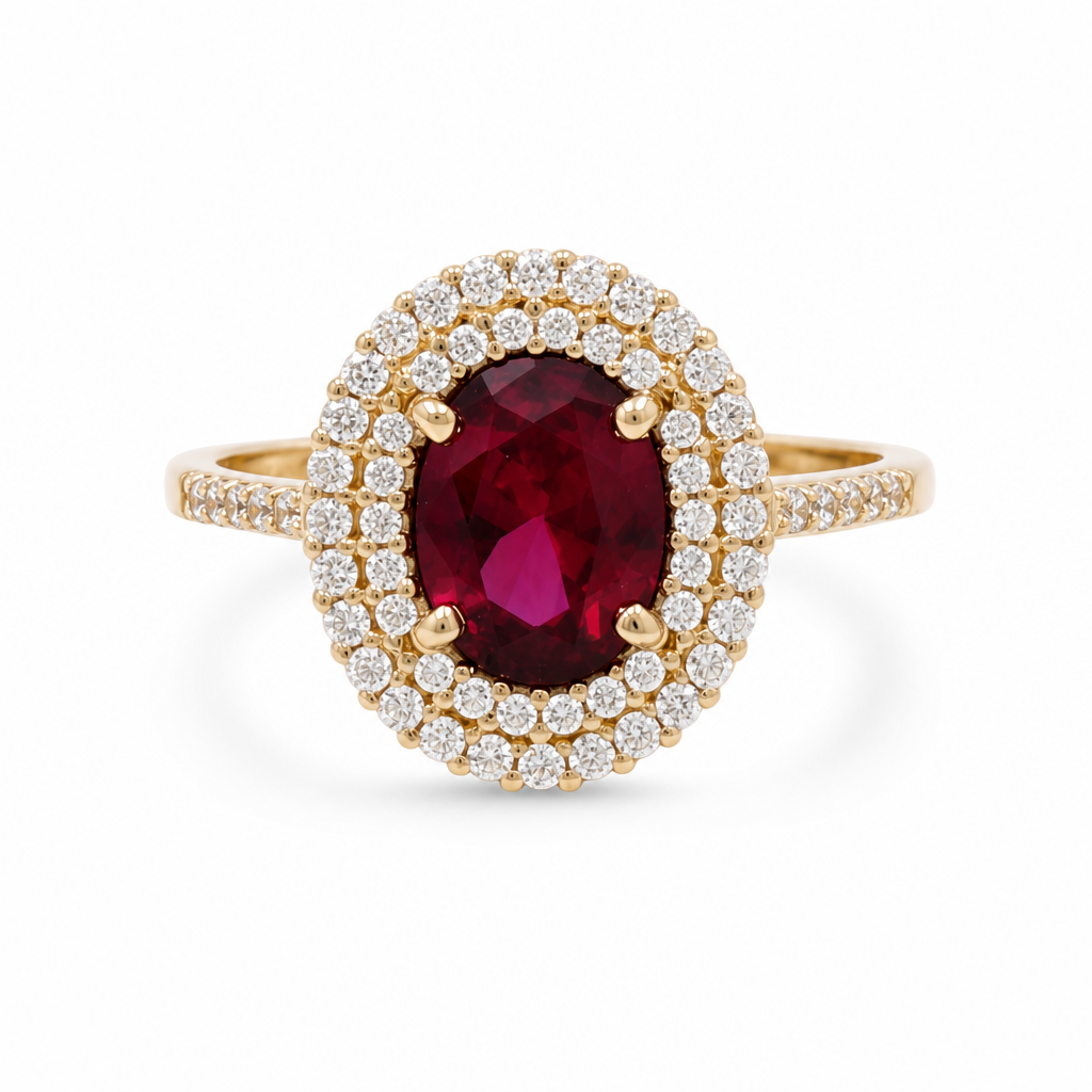 14K Yellow Gold Fashion Women's Rings with Red and White Cz Stone / Size: 7 / Weight: 3.2 GR / 308-00170