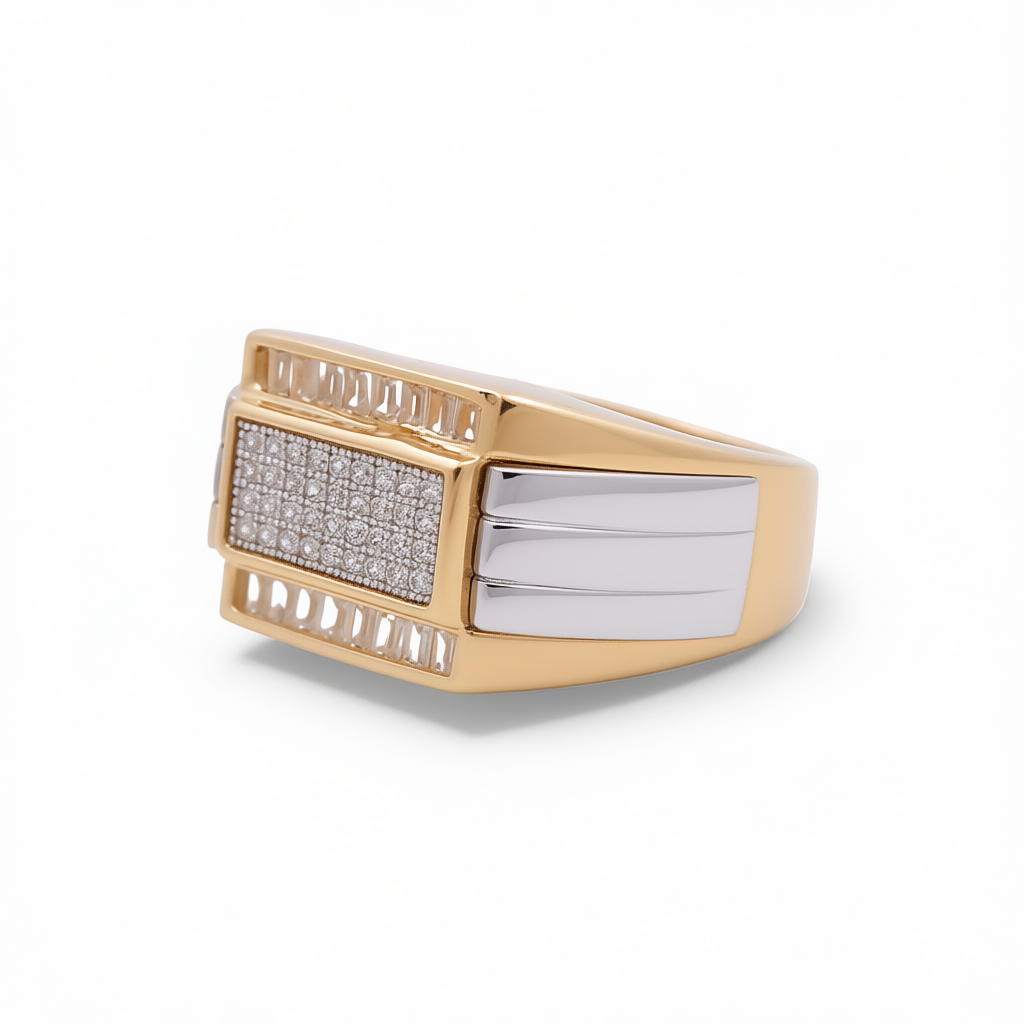14K Yellow and White Gold Fashion Men's Ring with White Cz / Size: 8 / Weight: 6.7 GR / KEEMRTT4FS-6