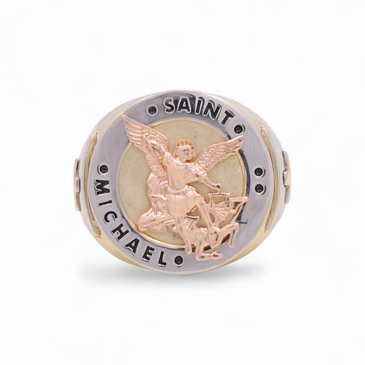 14K Yellow, White and Rose RD Saint Michael  Men's Ring with Cross / Size: 10 / Weight: 7.4 GR / KEEMR3T4SM