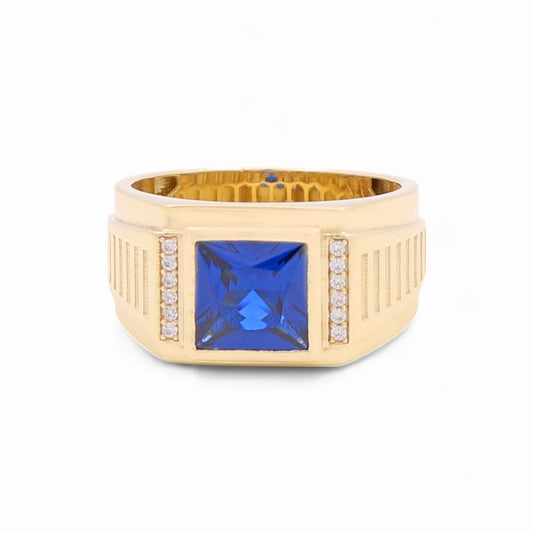14K Yellow Gold Fashion Square Men's Ring with Blue and White Cz / Size 10 / Weight: 7.8 GR / BOMR4FS-42