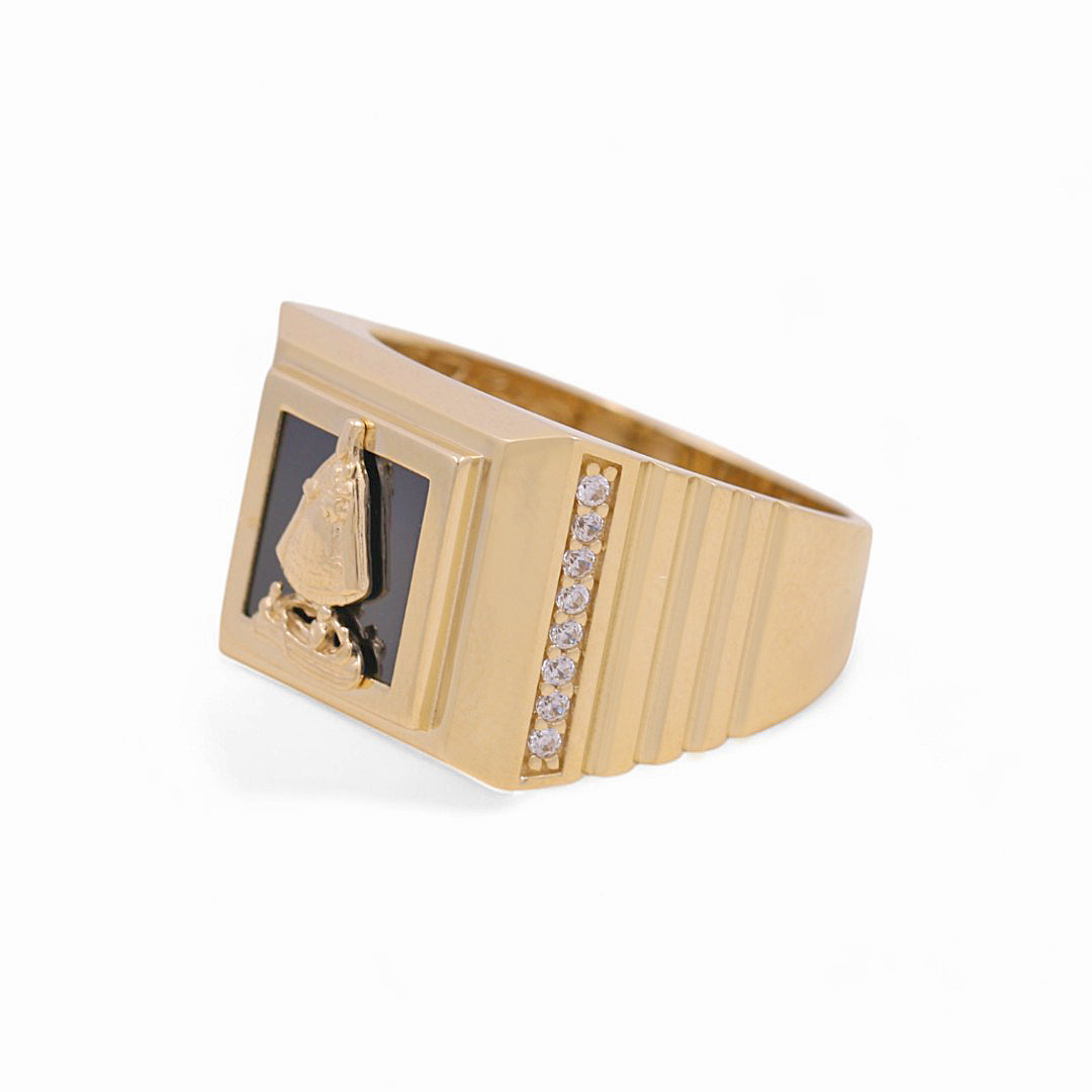 14K Yellow Gold Virgen de la Caridad Men's Ring with Onix and Cz / Size: 10 / Weight: 7.3 GR / P04FM-485