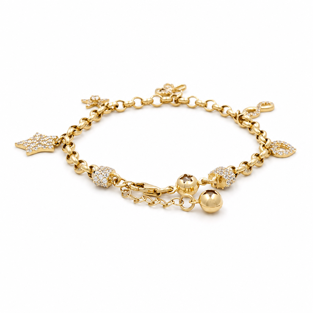 14k Yellow Gold Rolo Link Women's Bracelet with Charms and Cz / Size: 7.5" / Weight: 6.8 GR / CCFWB4FS-13