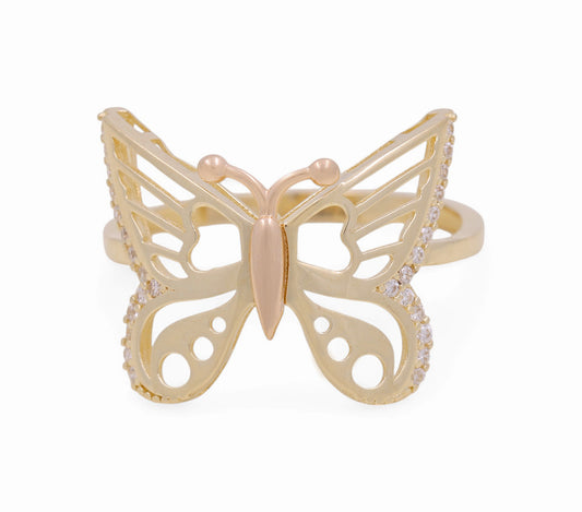 14K Yellow and Rose Gold Butterfly Women's Ring with White Cz / Size: 7.5 / Weight: 2.2 GR / COWRTT4BT-4