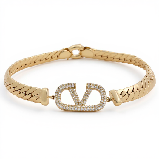 10K Yellow Gold Fashion Cuban Link Women's V Bracelet with Cz / Size: 7.5" / Weight: 7.4 GR / DQWB0VCL
