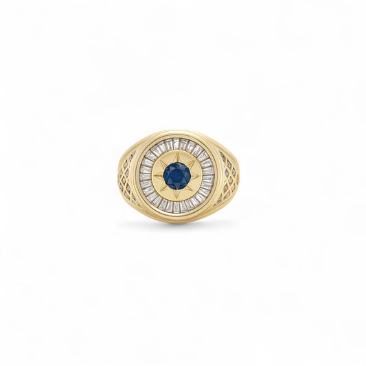 14K Yellow Gold Round Fashion Men's Ring with Blue Cz / Size: 11.5 / Weight: 8.7 GR / DQMR4FS