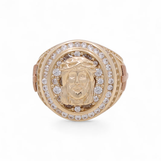 14K Yellow and Rose Gold Christ Head Men's Ring with White Cz / Size: 11.5 / Weight: 9.8 GR / DQMRTT4CR