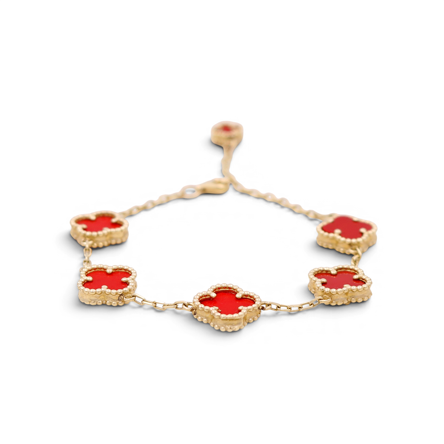 14K Yellow Gold Women's Bracelet with 5 Red Clover / Size 7" / Weight 8.7 GR / BOWB4CLV-6