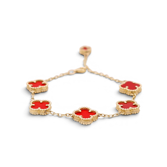 14K Yellow Gold Women's Bracelet with 5 Red Clover / Size 7" / Weight 8.7 GR / BOWB4CLV-6