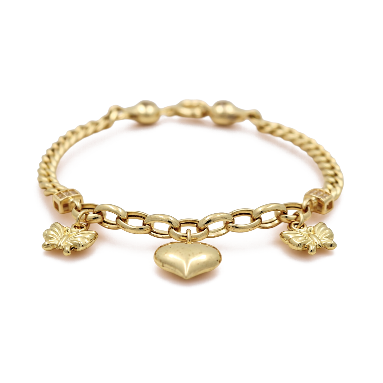 14K Yellow Gold Fashion Women's Bracelet with Hanging Heart and Butterflies / Size: 7.5" / Weight: 7.6 GR / COWB4HRBT