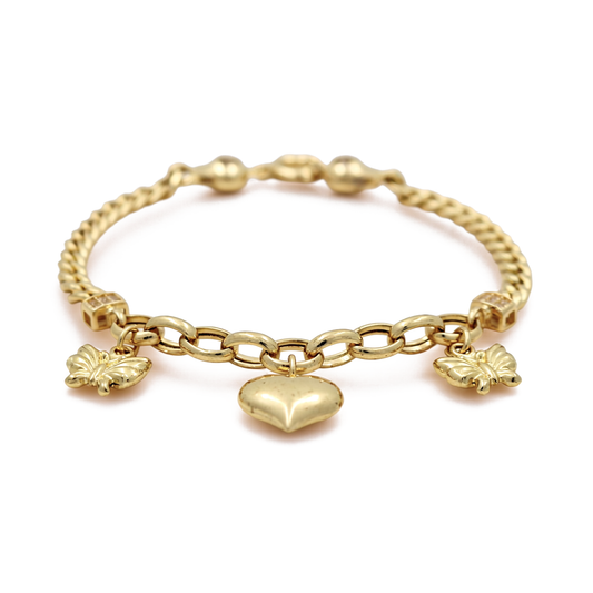 14K Yellow Gold Fashion Women's Bracelet with Hanging Heart and Butterflies / Size: 7.5" / Weight: 7.6 GR / COWB4HRBT